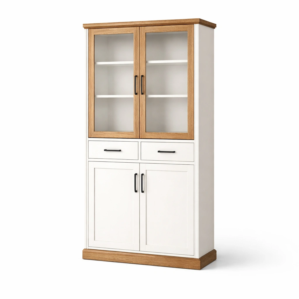 Vitrinenschrank mit Glasturen und Schubladen Weiss Holzoptik
